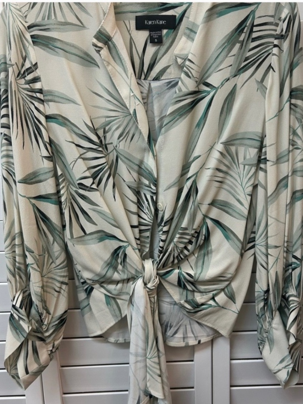 Karen Kane Leaf Print Tie Front Blouse